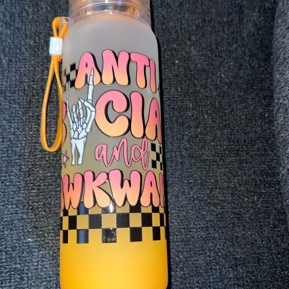 Orange & checked Anti Social and Awkward themed glass thermos w  strap NWOT